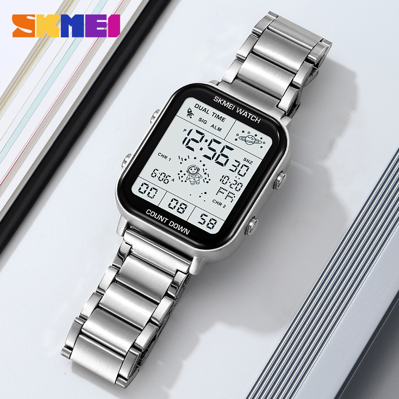 时刻美太空人男款手表多功能防水电子表双时间学生方形电子手表男