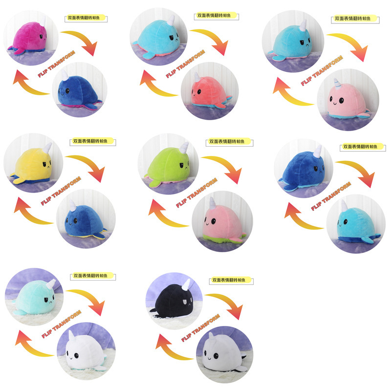 跨境雙面翻轉獨角鯨公仔毛絨玩具翻面玩偶獨角鯨魚可逆娃娃批發