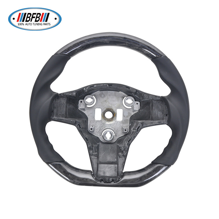 100% Real Carbon Fiber Forged Steering Wheel with Black Leather and Black Stitching - For Tesla Model Y - Modification