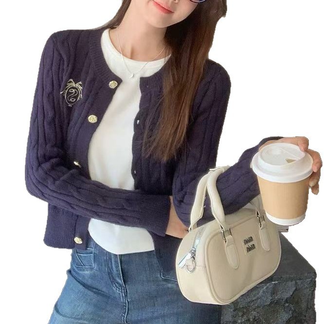 慵懒风绣圆领毛衣女2025新百搭开衫小香风针织时尚气质设计感甜美|undefined