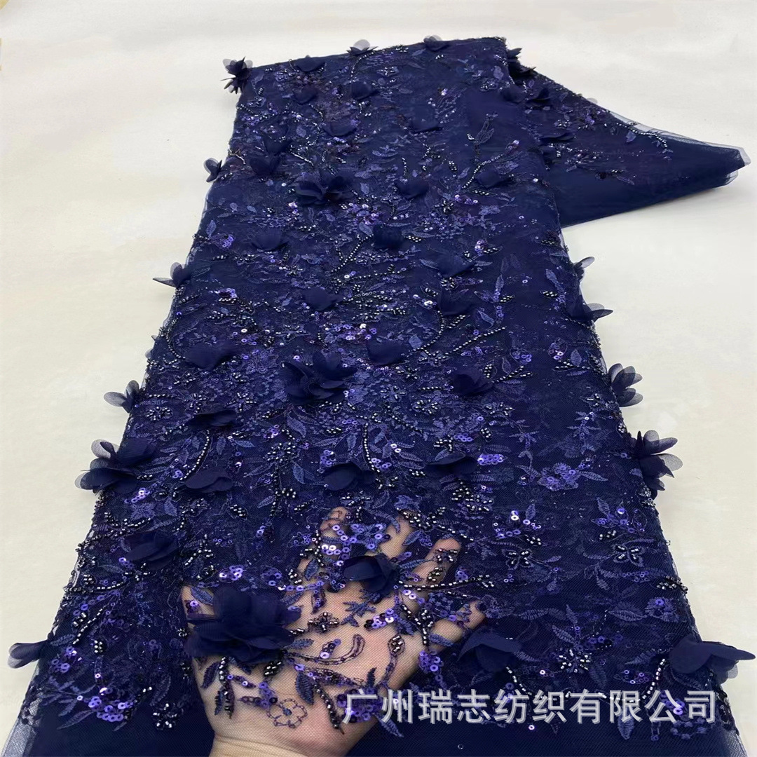 Diseño de bordado tridimensional 3D de flores franceses sequinado tela de malla de encaje vestido de boda vestido de tela de encaje