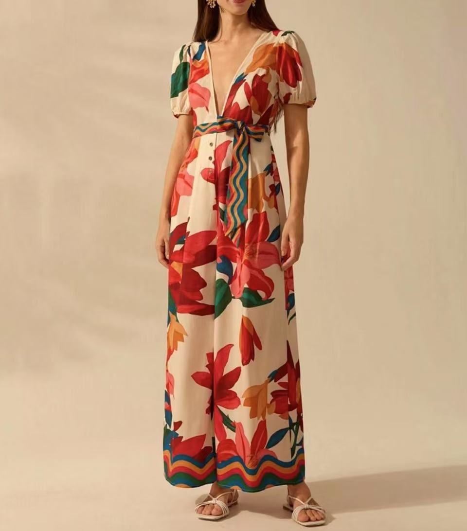 Jumpsuit feminino de perna larga com decote em v profundo_voghion.com