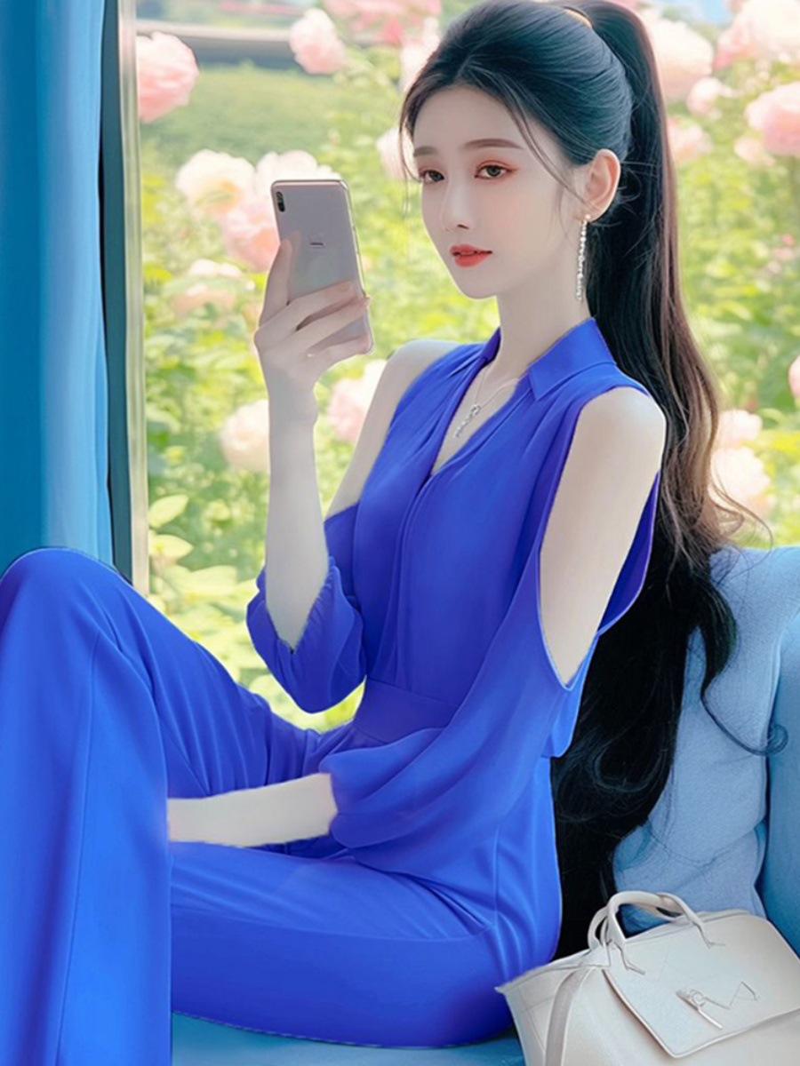Áo liền quần jumpsuit nữ hở vai phong cách Pháp Hepburn — Màu xanh lam nhạt, Màu hồng, Màu xanh lam chi tiết 6