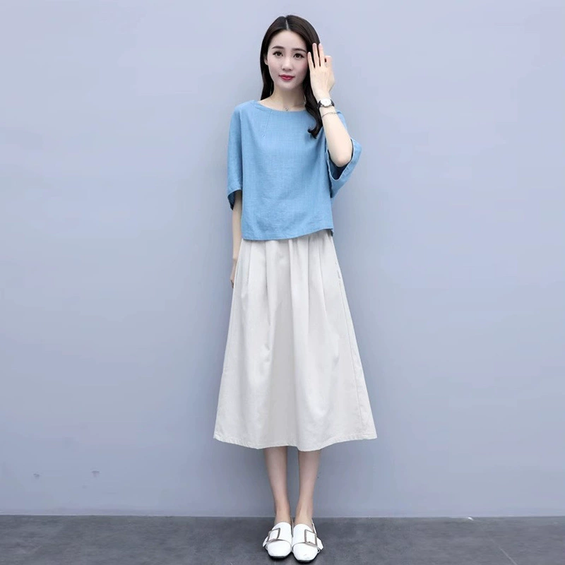 Летнее платье из хлопка и льна для женщин 2025 года, модный корейский стиль, антивозрастной эффект, двухкомпонентный костюм, льняная юбка средней длины, тренд
