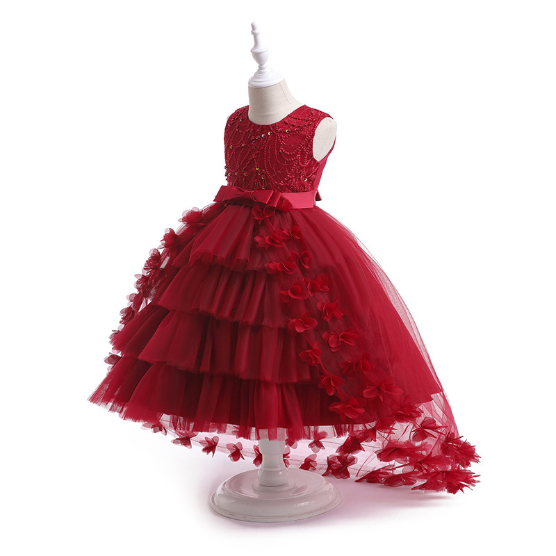 Ready Stock Kidsren's Evening Dress Girl's Fashionable Fluffy Gauze Princess Dress Flower Girl Wedding Little Girl Tail Dress European and American