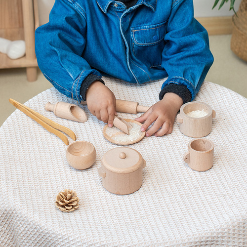 Wooden play house tea set log sensory box toys simulation children's kitchen kitchen utensils educational toy set cross-border