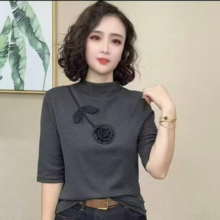 一件代发直播爆款2025早秋新款立体手工花中袖半高领气质百搭上衣|undefined