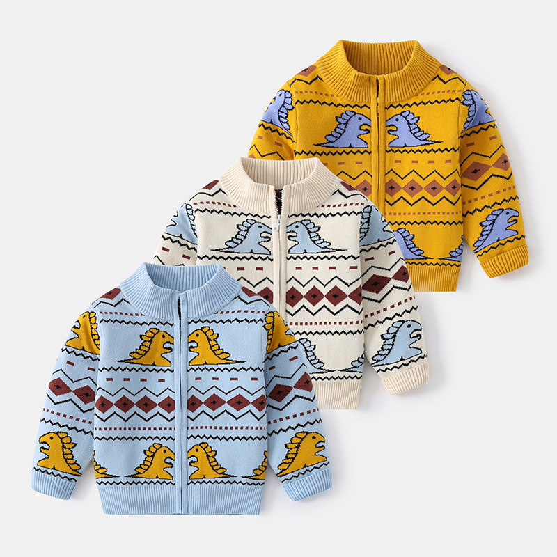 2025 Autumn Boys' Sweater Cardigan Zipper Stand Collar Cartoon Dinosaur Sweater Korean Style Autumn and Winter Boys' Cardigan 2025 Autumn Boys' Sweater Cardigan Zipper Stand Collar Cartoon Dinosaur Sweater Korean Style Autumn and Winter Boys' Cardigan