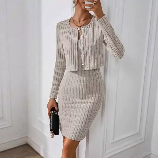 套装女装跨境欧美纯色法式纽扣外套包臀裙紧身吊带连衣裙女