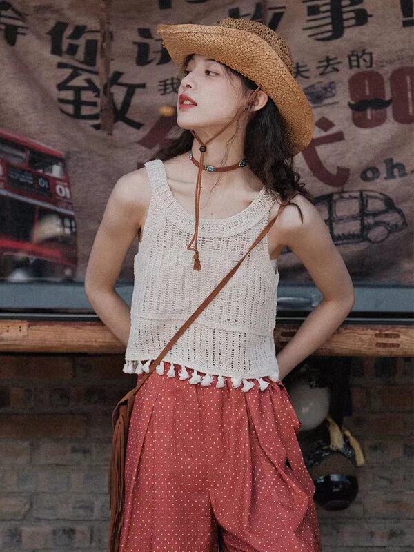 2023 Homemade Tassel Sling Holiday-style Hollow Vest Summer Women's Sleeveless Shoulder Bohemian Top