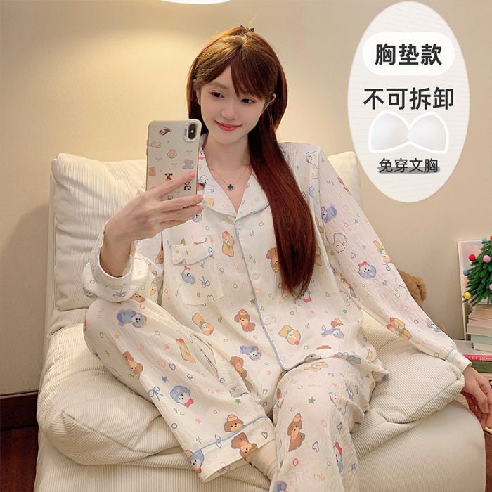 Al por mayor transfronterizo de otoño pantalones de manga larga pijamas casuales de mujer con cojín de pecho cardigan cómodo algodón nubes ropa para el hogar encantadora