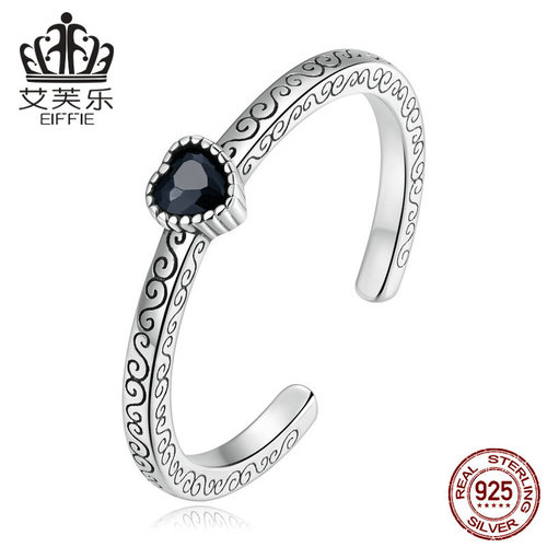 Avro sterling silver s925 retro love black zircon open ring heart-shaped stone simple pattern ring bracelet