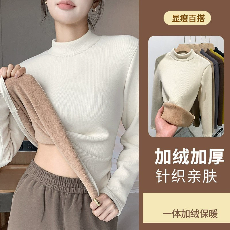 Женская рубашка с полувысоким воротником на флисовой подкладке, новая утолщенная термобельевая кофта для осени и зимы.