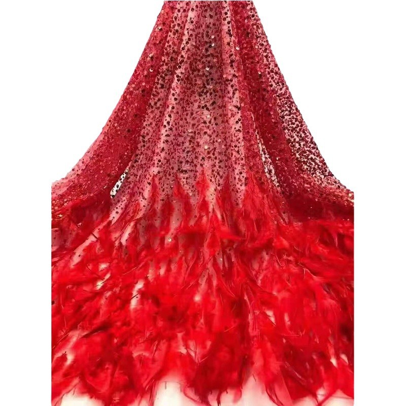 Vestido de lentejuelas con fino estampado floral, estilo europeo y americano, vestido de lentejuelas azules con bordado de plumas, tela con bordado tridimensional.