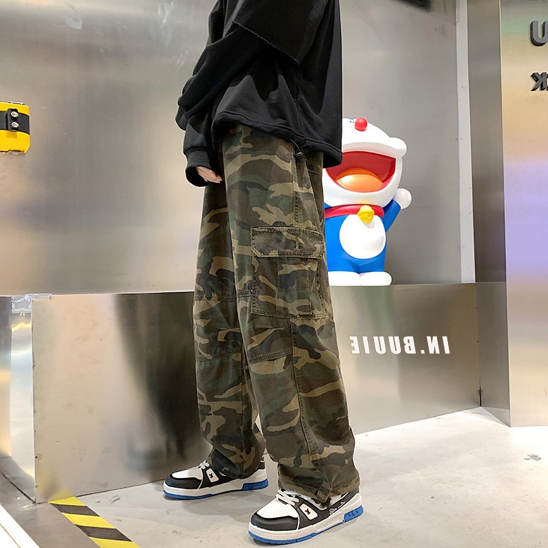 vintage American Style vintage Camouflage Work Pants Men's Spring and Autumn High Street ins Trendy Brand oversize Drawstring Pants