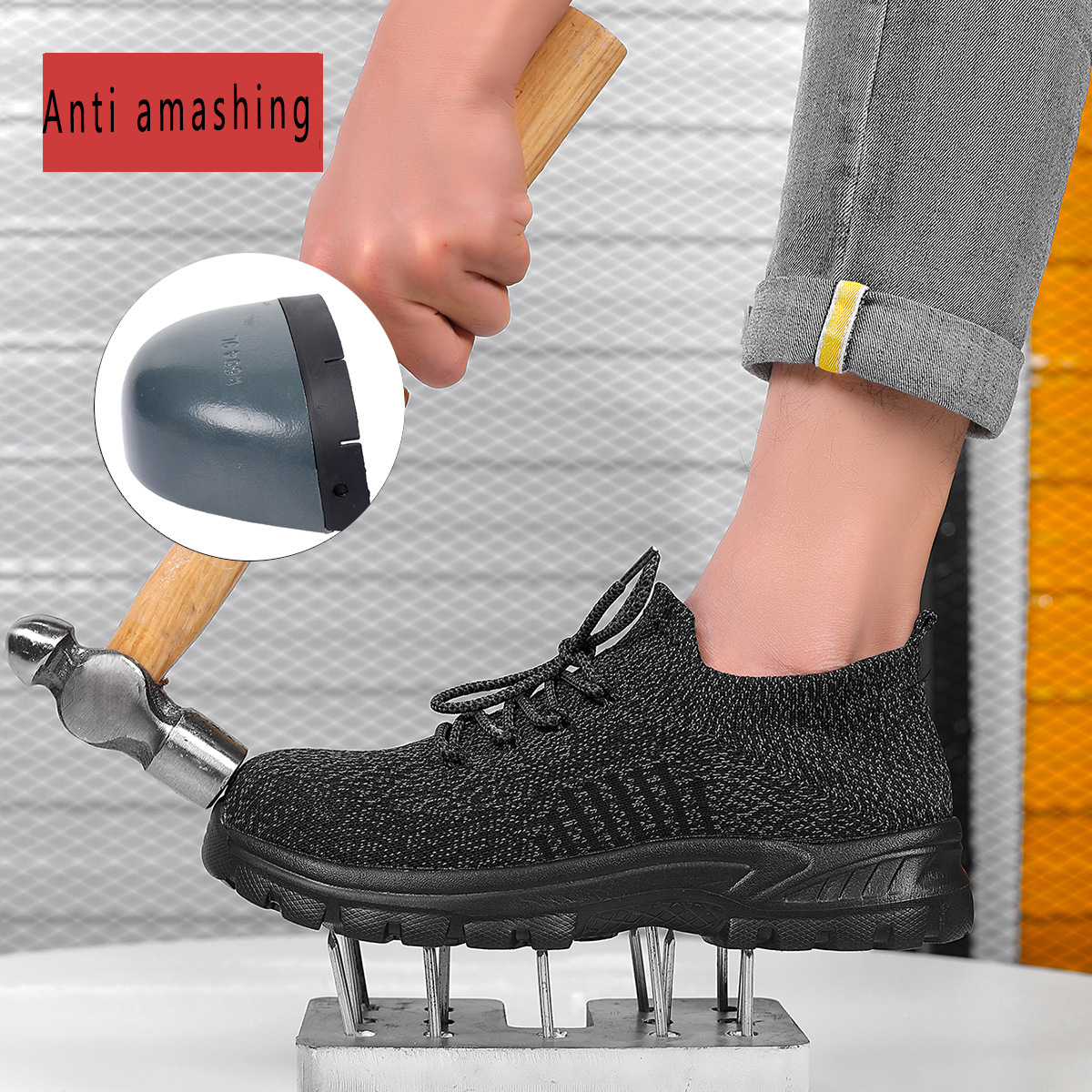 2024新款跨境飞织夏季劳保鞋男透气 防砸防刺穿塑钢头实心底绝缘