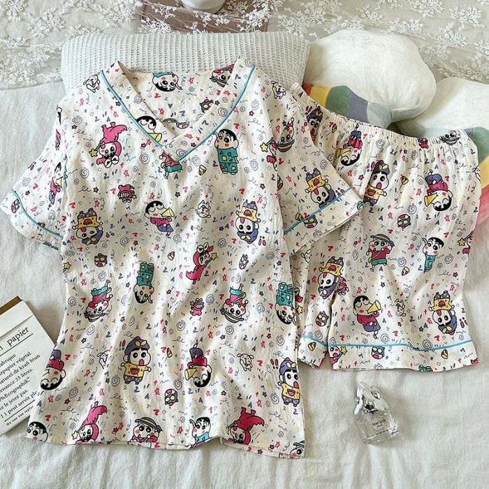 Venta al por mayor transfronteriza de nuevo estilo con cuello en V nube de algodón de verano de manga corta con cuello redondo suéter bordado dulce y simple pijama ropa de hogar para mujer