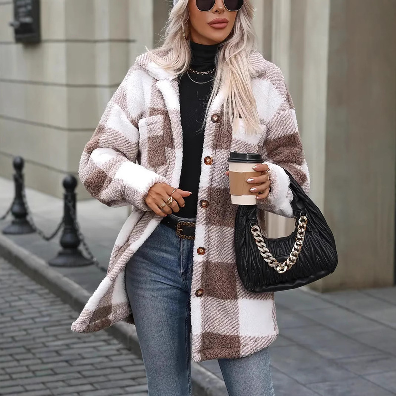 2025 Winter Mid-Length New Lapel Plaid Jacket Teddy Bear Jacket Women's Elegant Style Imitation Fur Jacket