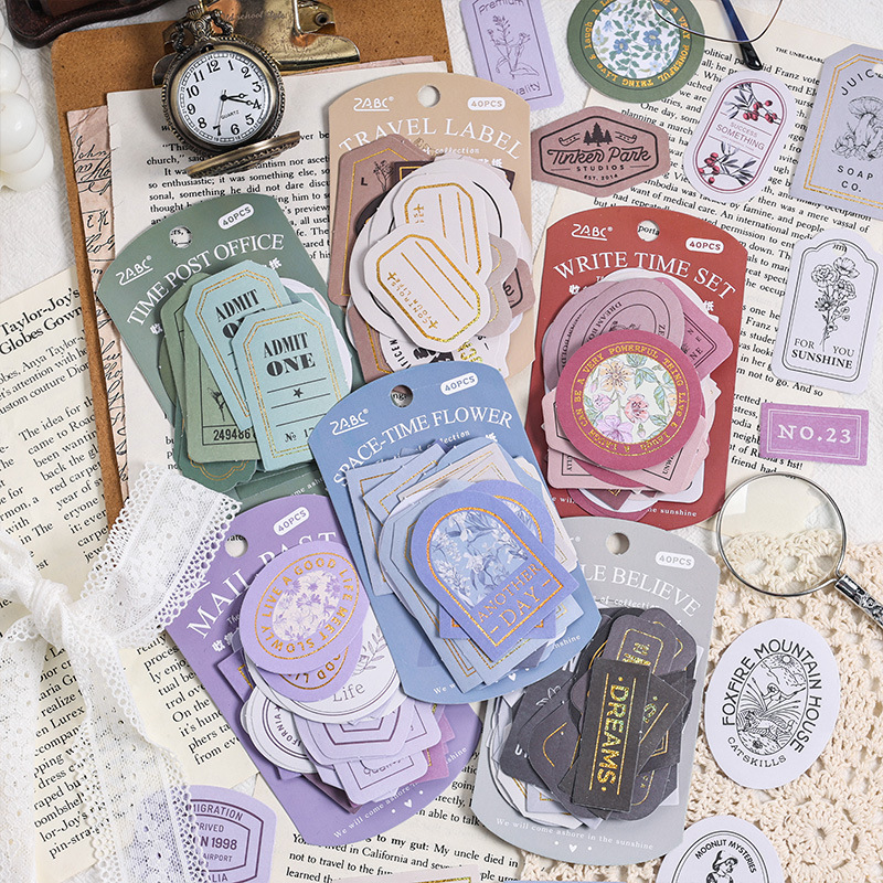 Colección de pegatinas adhesivas estampadas de tiempo bolsas DIY cuentas diarios materiales decorativos etiquetas retro papelería pegatinas