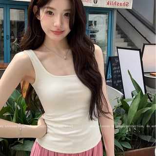 清新纯色方领无袖吊带背心女带胸垫修身显瘦打底外穿内搭纯欲上衣