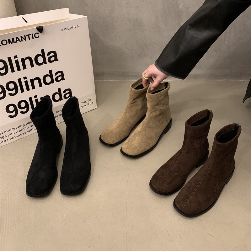 Thick Heel Suede Slim Short Boots Women's Shoes 2025 New Autumn and Winter Boots Square Toe Korean Style Small Ankle Boots Thick Heel Suede Slim Short Boots Women's Shoes 2025 New Autumn and Winter Boots Square Toe Korean Style Small Ankle Boots