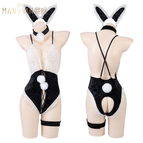 Manyan sexy lingerie straps lace velvet splicing strap jumpsuit open crotch bunny girl one piece dropshipping 8395