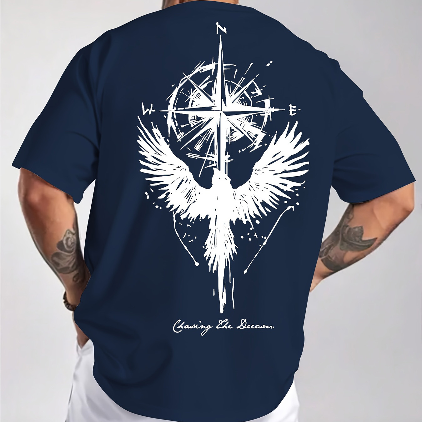 Men's Summer Pure Cotton Fashion Casual Loose Compass Map Bird Print Crew Neck Short Sleeve T Shirt_voghion.com
