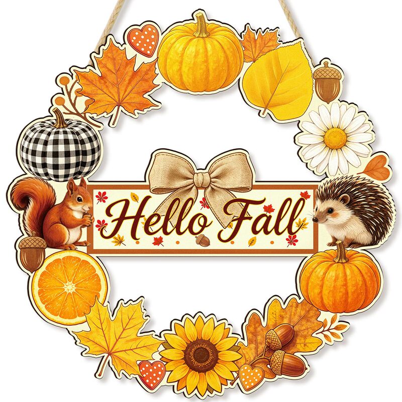 New cross-border autumn wooden welcome sign with hedgehog and squirrel design, Thanksgiving front door decoration wooden sign New cross-border autumn wooden welcome sign with hedgehog and squirrel design, Thanksgiving front door decoration wooden sign