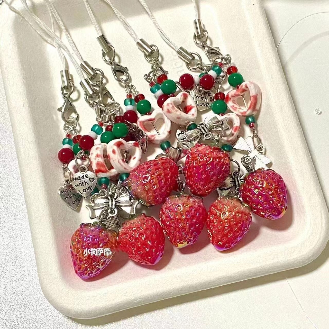 Girl Beaded Strawberry Mobile Phone Chain School Bag Pendant Hanging Chain Bow Cute Girl Heart Card Book Mobile Phone Chain Finished Product