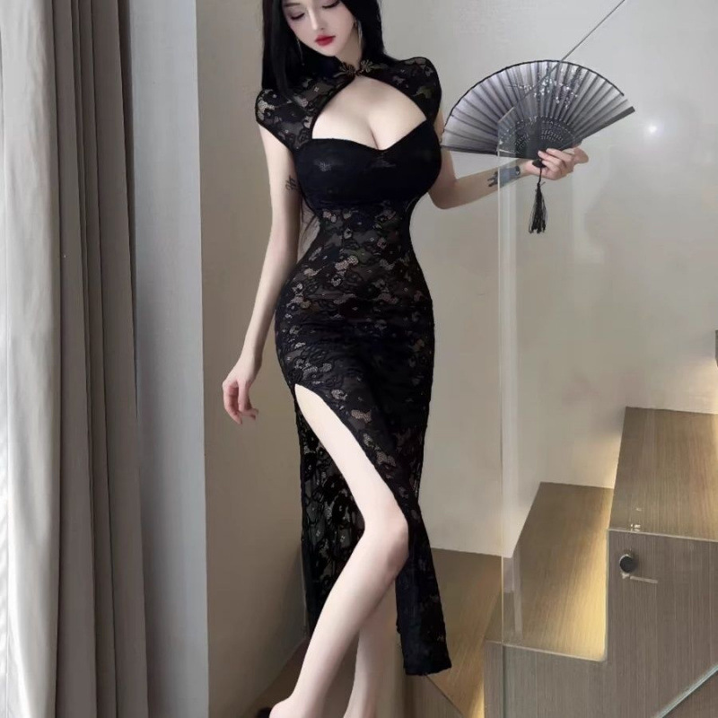 150kg Plus Size Sexy Black Rose Jacquard Lace Hollow-Out Slit Cheongsam Dress for Women