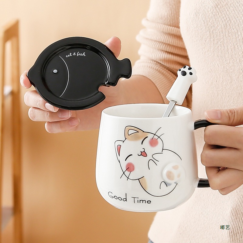 Taza de gato Mark con tapa Cuchara Taza de agua de cerámica Taza de pareja de dibujos animados de cerámica para hombres y mujeres Taza de desayuno de café de oficina