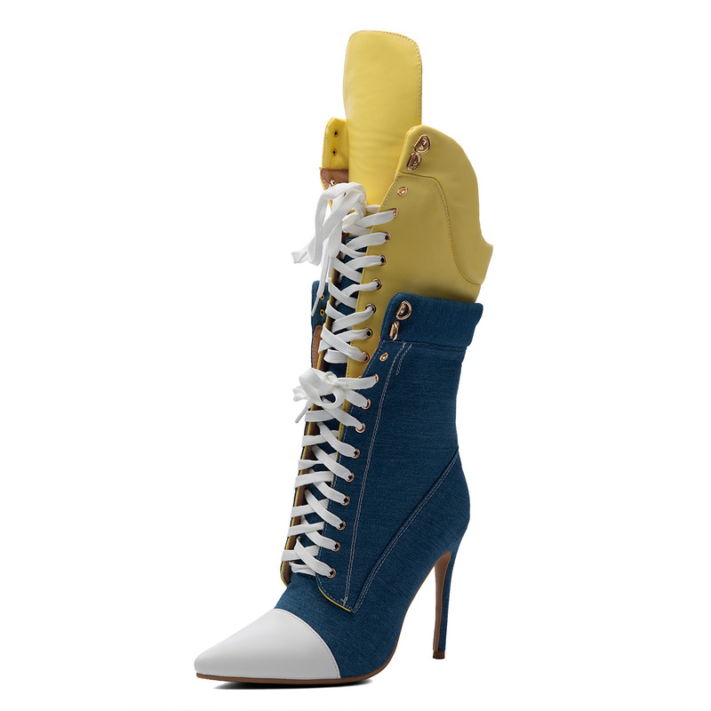 European and American Foreign Trade Cross-Border Sexy Workwear Style Lace-Up Denim Pointed Toe Stiletto High Heel Large Size 44 Women's Short Boots
