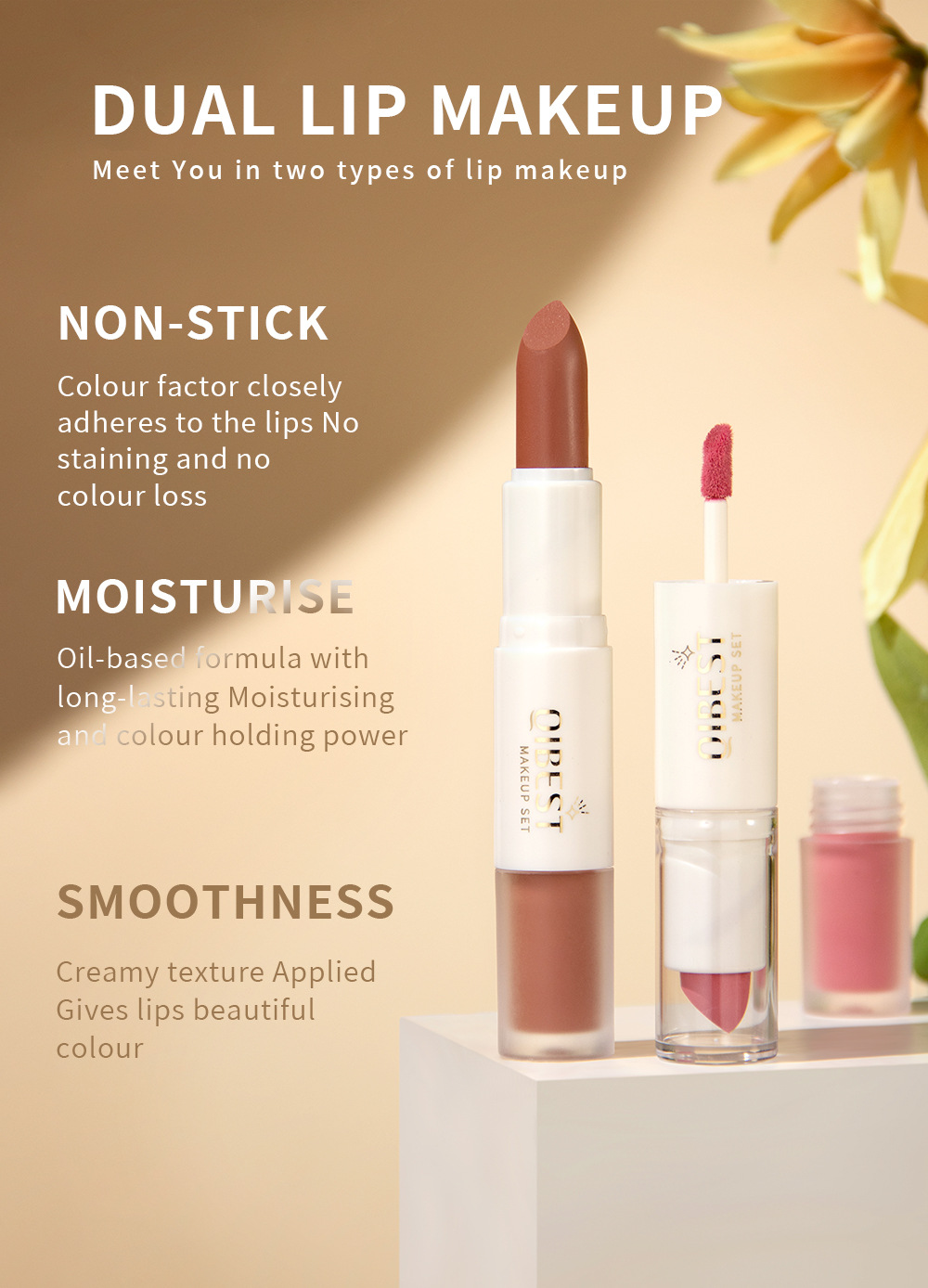 QIBEST double-headed velvet makes the lips look fair and red, does not fade easily, matte non-stick cup, long-lasting natural three-dimensional lip gloss, cross-border undefined