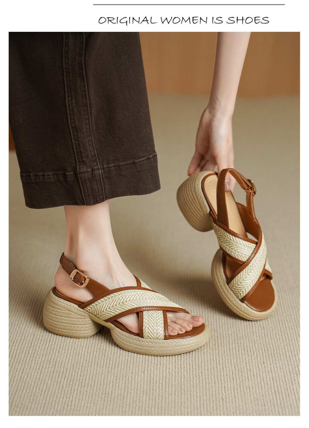 Sandal nữ cao gót mũi hở quai chéo khóa một chữ, đế dày gót thô — Màu nâu nhạt chi tiết 5