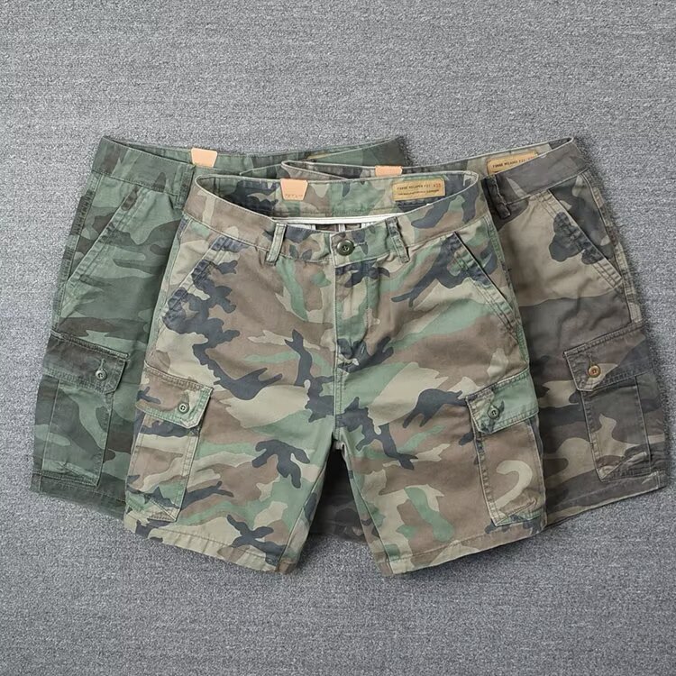 Men's camouflage cargo shorts, trendy brand, Instagram, Shawn Yue's sports mid-length shorts, European and American retro loose casual five-point shorts.