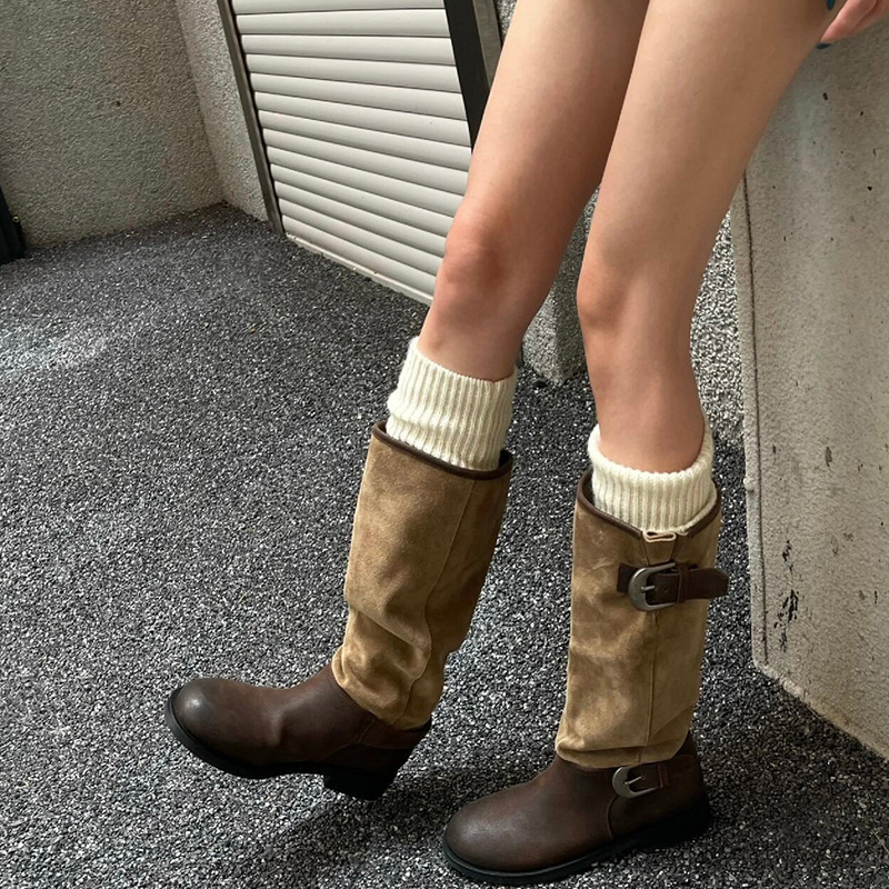 Dong Jie Same Style Retro Wrinkled Pile Mid-Sole Boots Belt Buckle Large Buckle but Knee Thick Heel Slim Knights Boots Women Dong Jie Same Style Retro Wrinkled Pile Mid-Sole Boots Belt Buckle Large Buckle but Knee Thick Heel Slim Knights Boots Women