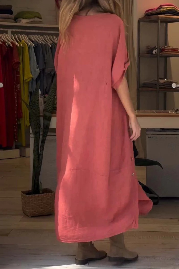 New 2024 women's summer style loose fitting casual solid color short sleeved cotton linen dress_voghion.com