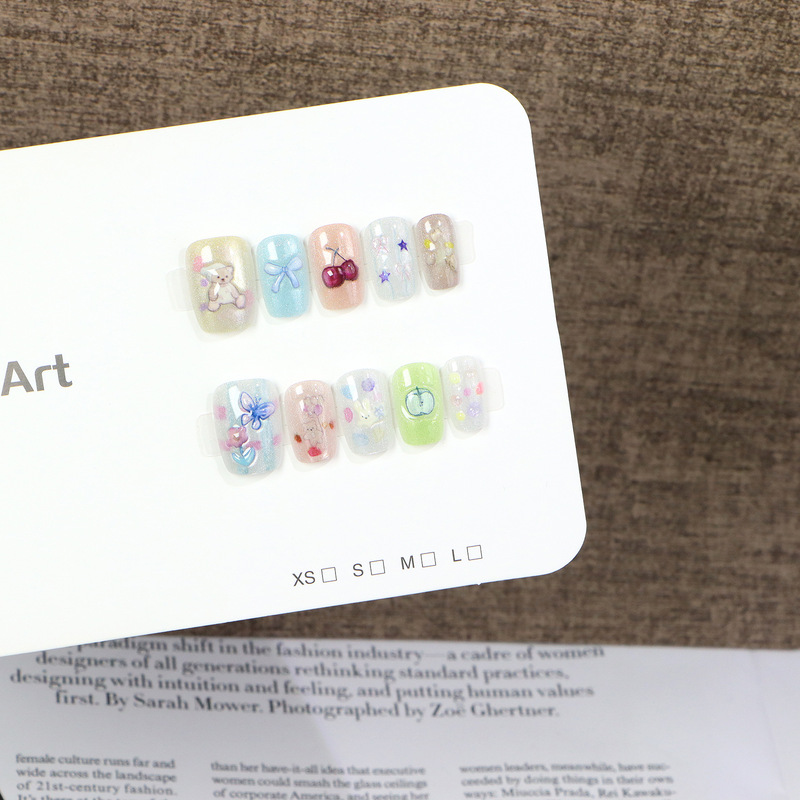 Oil Painting Bear Cartoon Nail Art Ins Hot Girl Nail Stickers Fake Nail Stickers Finished Product Wholesale