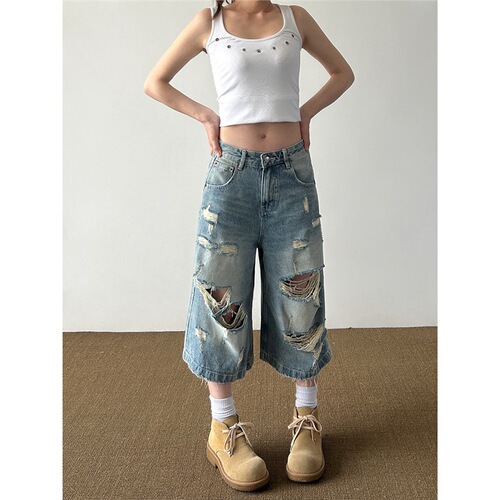 American Retro High Street Worn Hole Denim Seven-Tenth Pants Men and Women Loose Slim Legged Casual 7-Tenth Pants 