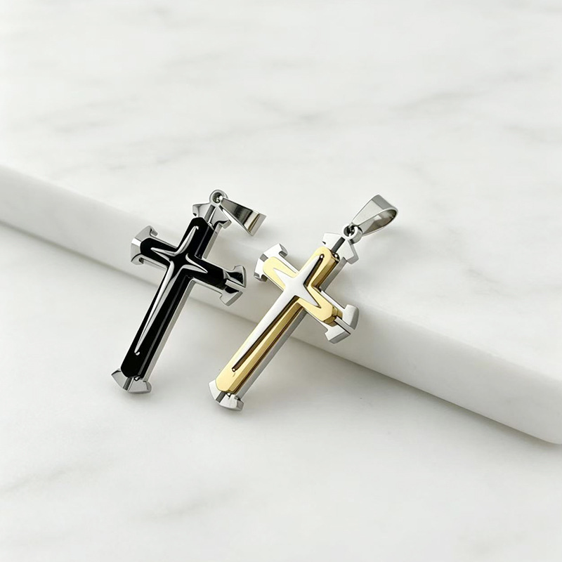 European And American Trendy Men's Three-layer Cross Pendant Stainless Steel Necklace, Popular Pendant, Cross-border_voghion.com