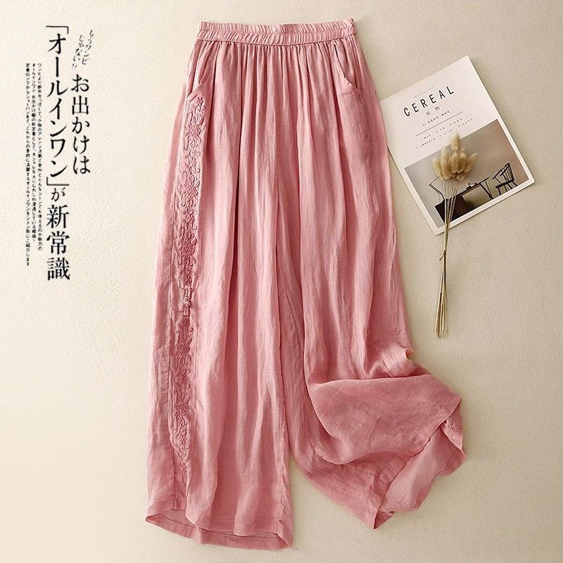 Chinese Style Retro Embroidered Mom's Wide-Leg Pants for Women Summer Thin Elastic Waist Loose Casual Fashion Nine-Point Pants