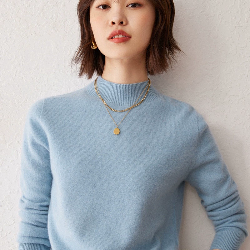 Cashmere knitted sweater, solid short base body-friendly warm long-sleeve, high collar