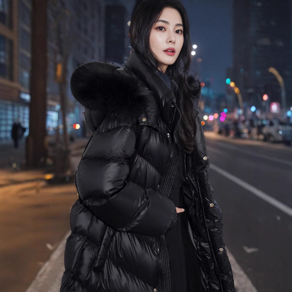 Down jacket women's long 2024 winter new fox fur collar hooded thick warm down coat