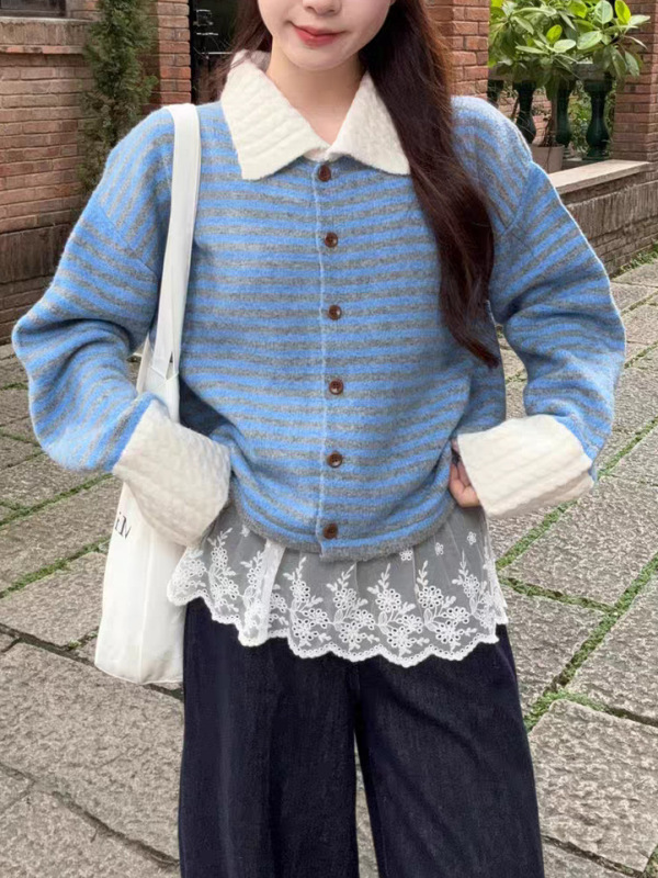 2025秋季韩版宽松慵懒松弛感女式毛衣新款条纹Polo领针织开衫外套|undefined