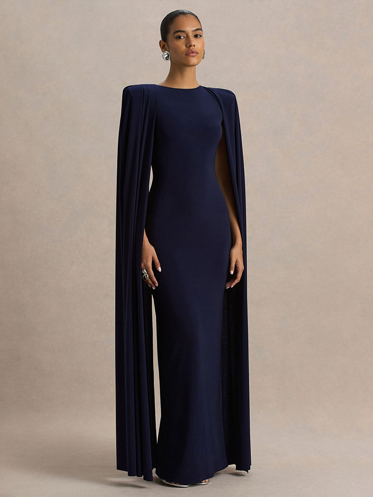 Elegant Women's Party Dress With Pleated Cape - Round Neck Solid Color Maxi Dress For Banquet & Evening Occasions_ecoleips.com