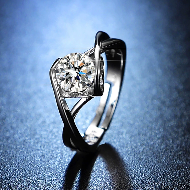 Ring one carat, adjustable open band with AAA zirconia, silver-layer plating