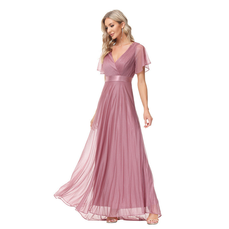 New Arrival Bright Sparkling Party Dress Double V-Neck Mesh Ruffle Sleeves Handmade Fold A- hem Fully Lined Stretch Evening Gown