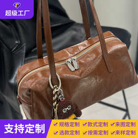 真皮女包【可定制】波士顿手提包油蜡皮大容量保龄球包单肩包