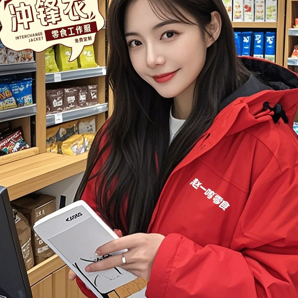 Custom-made autumn and winter workwear for snack shops, including fleece-lined hooded work jackets for supermarkets and convenience stores, available in men's sizes