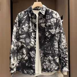 春秋季水墨画扎染男士花衬衫男美式新款痞帅宽松休闲长袖衬衣外套